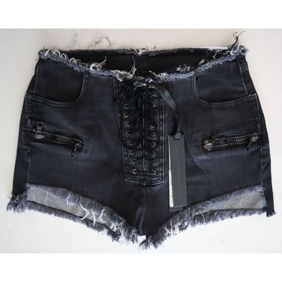 Ben Taverniti Unravel Project WMN Sz 28 Black Stonewash Denim Lace-Up Shorts - Picture 1 of 5